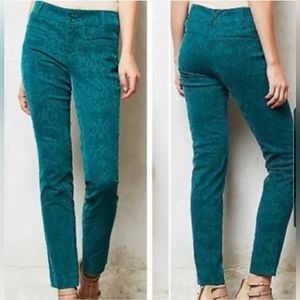 ANTHROPOLOGIE Etched Mid Rise Damask Velvet Skinny Straight Leg Teal